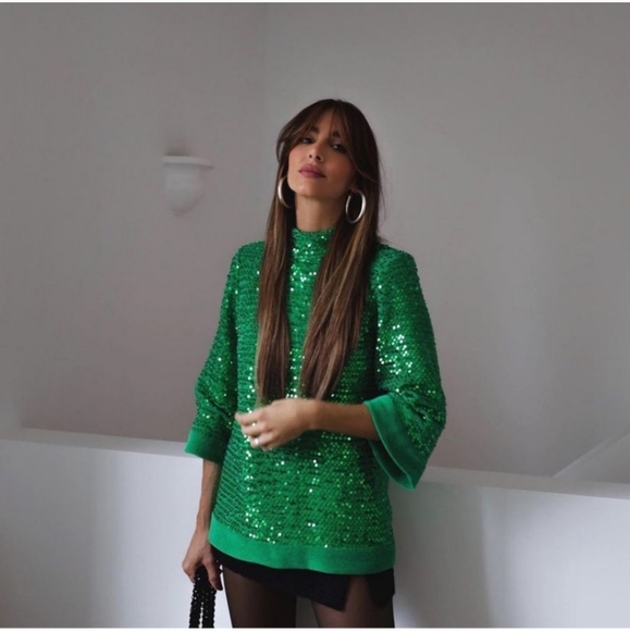 Zara* Sequin Green Top Shirt Bloggers Fav - Picture 3 of 4